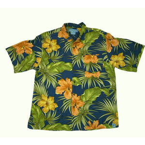 Silk Hawaiian Shirt Mens Size M Bermuda Bay Palms Flowers Short Sleeve Tiki